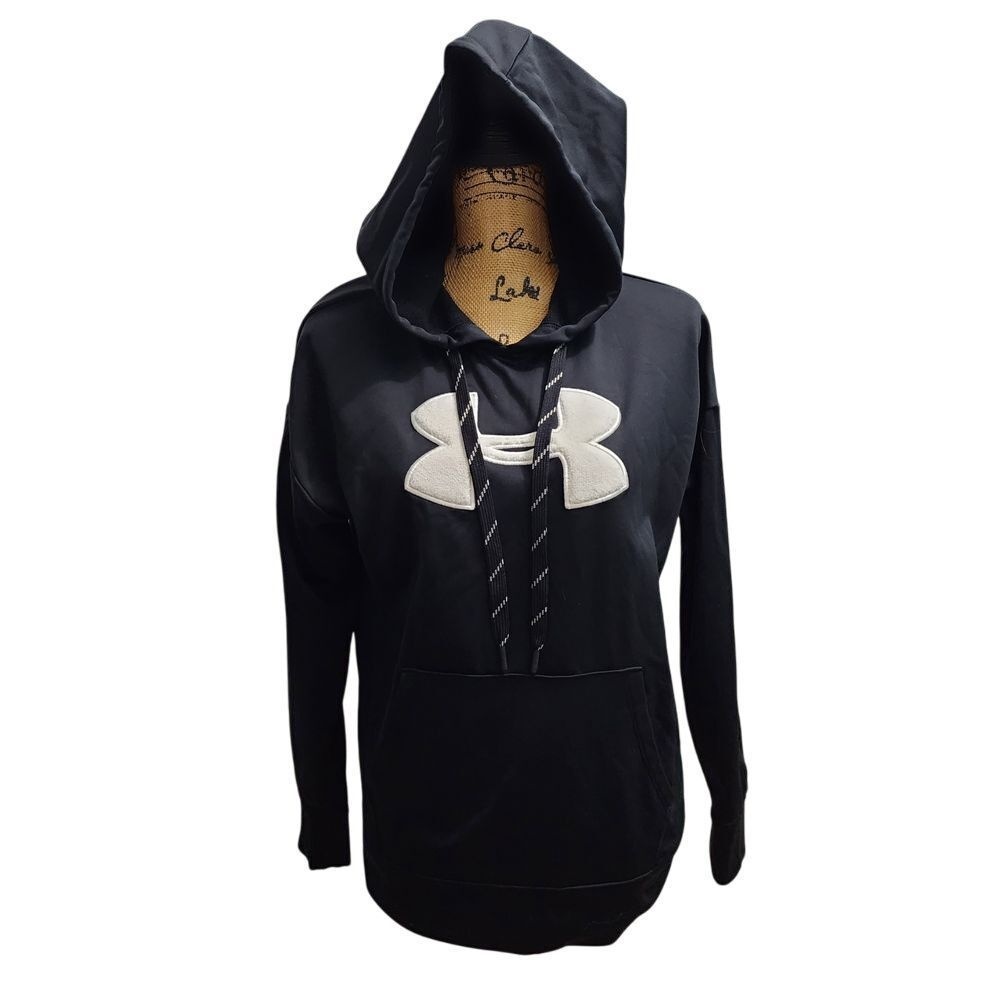 Under Armour Black Cold Gear Pullover Hoodie White Logo‎ Athletic Sweatshirt SM